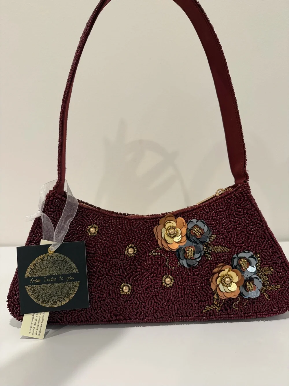 Embellished Floral Beaded Shoulder Bag - Burgundy
